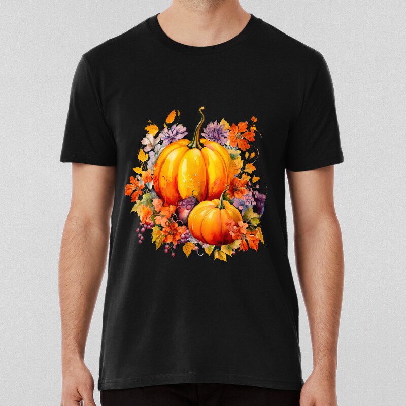 Autumn Fall Pumpkin And Flowers With Fall Leaves T-shirt