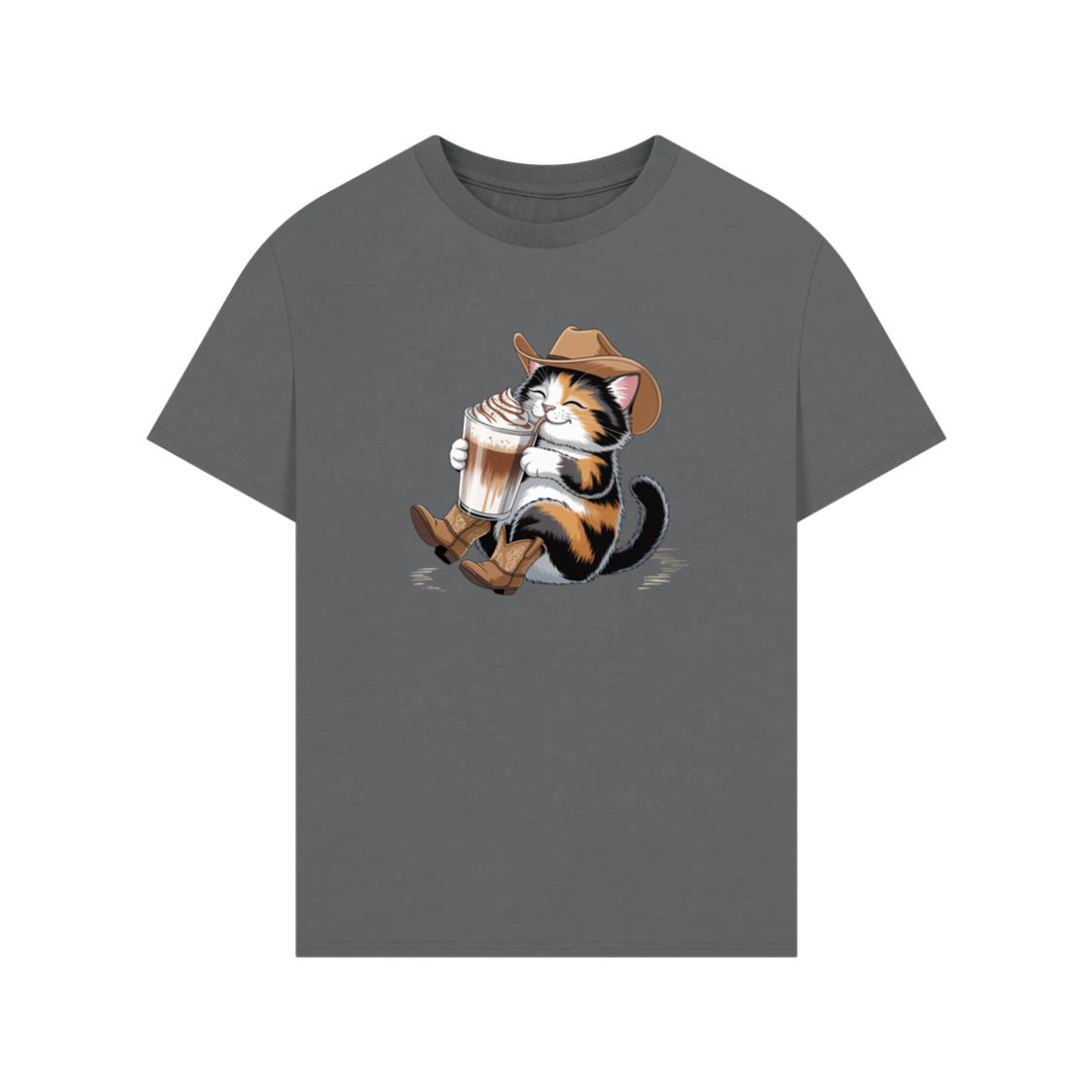 Cute Cat Drinking Coffee Latte Art Style T-Shirt