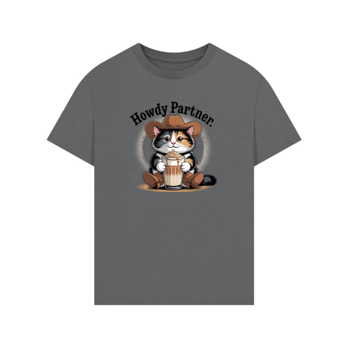 Howdy Partner Cat with Coffee Western Theme T-Shirt